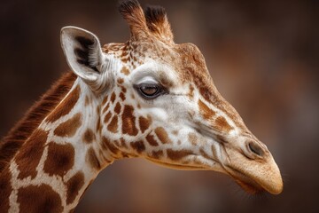 A beautiful wild giraffe's head is captured in a detailed close up profile, highlighting its unique spotted coat and calm eye.