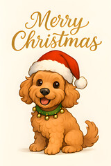 A cartoon dog wearing a santa hat and a christmas collar with merry christmas written above it
