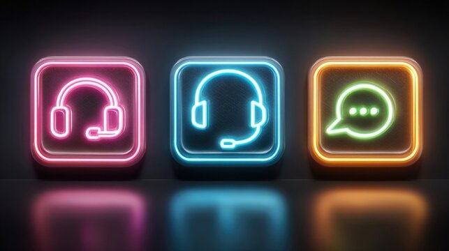 Neon customer service icons with glowing headset, support, and assistance symbols, representing 24/7 digital help and futuristic client engagement