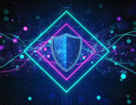 Digital shield protected by neon lights and data streams