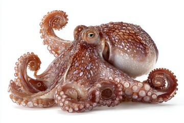 Fototapeta premium A vibrant brown octopus showcases its many intricate tentacles, each with visible suckers, as it rests calmly against a pure white studio background.