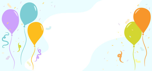 Colorful birthday balloons floating around a light pastel frame with confetti curls, creating a cheerful celebration border.