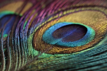 A stunning close up shows the intricate eye pattern of a vibrant peacock feather with iridescent blue, green, and gold colors.