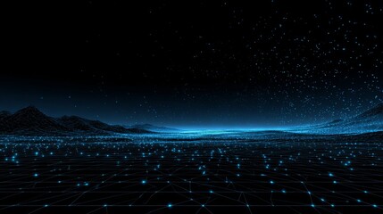 Futuristic Digital Landscape with Mountain Range and Stars