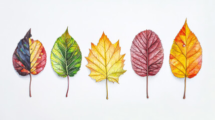 Colorful drawn leaves from various trees arranged on a clean white background with copy space