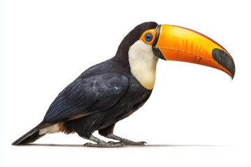 Fototapeta premium A tropical toucan bird with a bright orange beak and dark feathers stands isolated on a clean white background in profile.