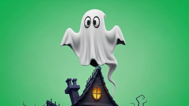 Spooky Ghostly House with a Floating Spirit on a Green Background.
