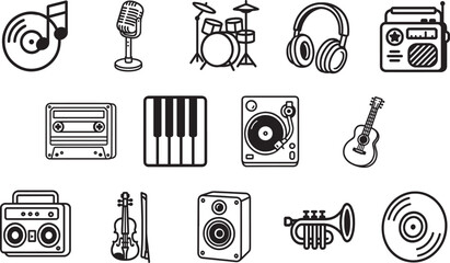 A collection of classic musical instruments, arranged in a visually pleasing manner, are showcased against a clean backdrop, each piece rendered in a timeless black and white style. 