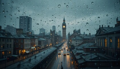 Obraz premium Gloomy City View Through Rain-Streaked Window – HD Wallpaper