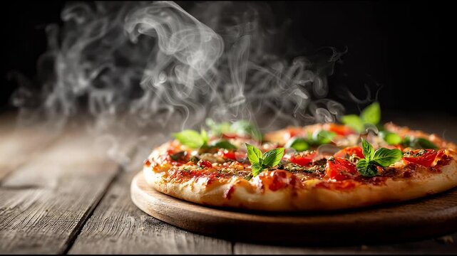 hot pizza with steam on wooden board, copy space 