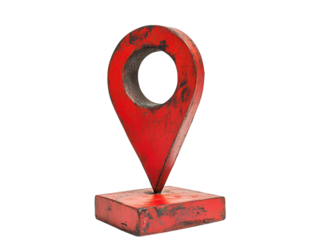 Striking red location pin sculpture with textured base on a transparent background