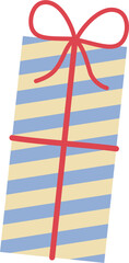 Gift box with yellow and blue striped pattern with red ribbon illustration. Christmas doodle festive ornament. Birthday present with flat design. 