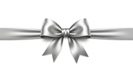 Realistic silver satin ribbon tied in a beautiful bow with horizontal ribbon isolated on a clean white background for holiday decoration