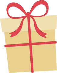 Yellow gift box with red ribbon illustration. Christmas doodle festive ornament. Birthday present with flat design. 