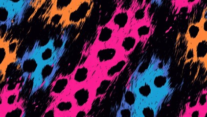 A vibrant, abstract design featuring bold colors and leopard print patterns, creating a striking visual effect.