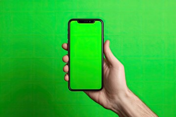 A person's hand holding a smartphone against a vibrant green background