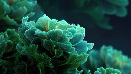 Close-up of stylized, textured green floral shapes with subtle color gradients and depth