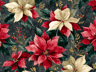 Vibrant floral pattern featuring red and white poinsettias with green leaves on dark background