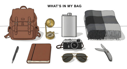 Curated Essentials: A snapshot of essential items neatly arranged, offering a glimpse into a traveler's bag, perfect for travel or everyday use.