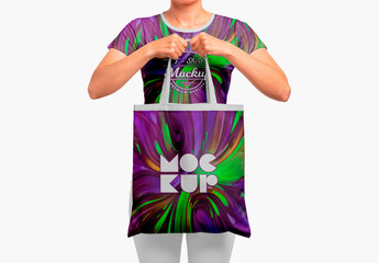 Tote Bag Mockup Held By Woman In Both Hands