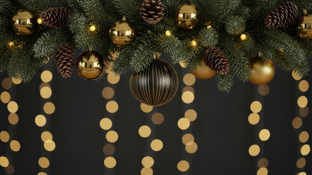 Christmas garland border with pine branches, pine cones, and golden ornaments hanging over dark background with glowing bokeh lights