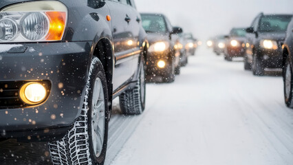 Close-up of a black SUV driving in a line of cars on a snowy road with headlights on during a winter snowstorm