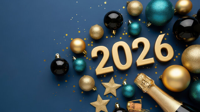 New Year 2026 gold numbers surrounded by colorful Christmas ornaments, confetti, and a champagne bottle on a blue background