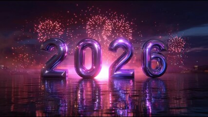 3D animation of glowing 2026 numbers floating above a reflective water surface with fireworks in the sky. Perfect for New Year celebrations, greetings, and event openers. - Powered by Adobe