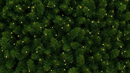 Full frame background texture of lush green Christmas tree branches decorated with small warm glowing string lights