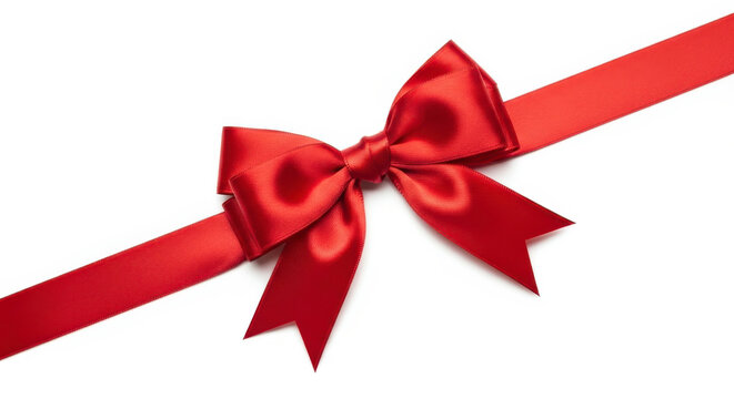 Shiny red satin ribbon tied in a beautiful bow with a diagonal strap isolated against a clean white background for holiday wrapping