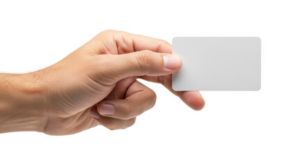 Obraz premium Male hand holding a blank white horizontal business card or credit card isolated against a clean white background