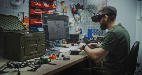 Engineer Using VR Goggles to Virtually Design. Man in Military Style Uniform Utilizing VR Goggles and Computer While Assembling Drone Components. Concept Integration of Virtual Tools in Engineering.