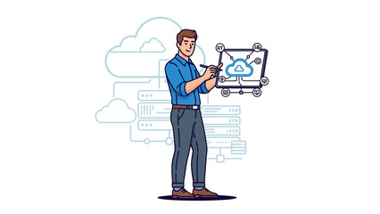 Man with tablet explaining cloud computing systems