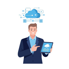 Man presenting cloud data information on a digital tablet