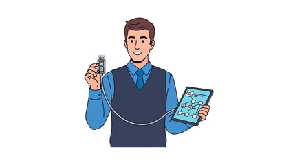 IT professional holding network cable connected to tablet