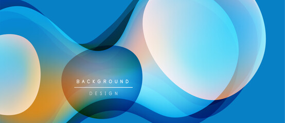 Abstract blue background features overlapping circles, gradients. Text reads background design within central shape. Modern, dynamic composition.