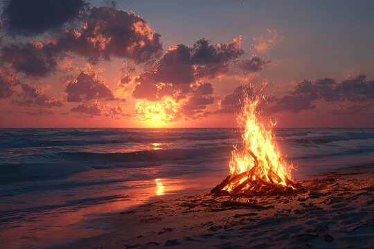 Burning flames from a bonfire illuminate a beach at sunset; waves gently lap the shoreline