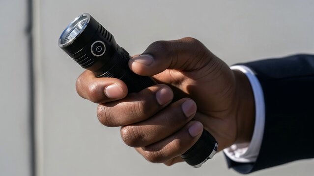 Man holding black flashlight in hand for safety and inspection use