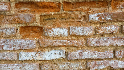 close-up texture image of an old, weathered brick wall. The orange-red bricks are irregularly shaped and covered with patches of white efflorescence and rough mortar.