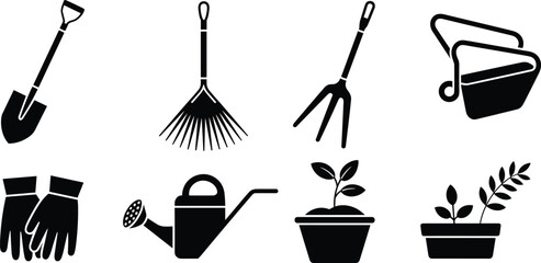 Gardening Tool Silhouette Vector Icon Set: Shovel, Rake, Watering Can, and Plant for Horticulture and Yard Work Design