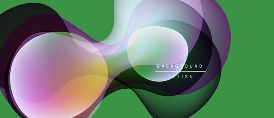Abstract flowing shapes, vibrant colors, green backdrop. Modern design elements create dynamic visual effect. Smooth gradients present elegance.