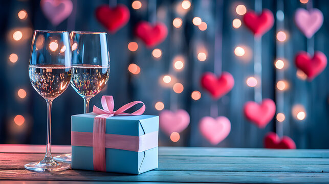 Two glasses of wine next to a gift box against a backdrop of lights and hanging hearts on a wooden background