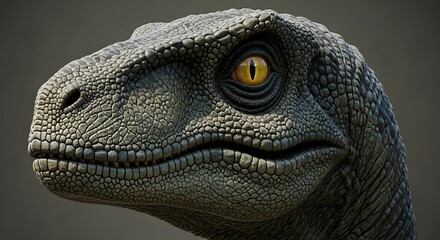 Detailed close up portrait of a prehistoric raptor dinosaur head with a yellow eye.