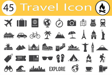 Stylized silhouette of global travel destinations icon and iconic landmarks isolated on white background