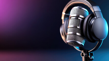Professional studio microphone and headphones poised for podcasting, broadcasting and voice-over work, sleek equipment on a dark backdrop with purple and blue gradient lighting