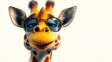 Giraffe head details showing a cool animal character with vivid iridescent fur colors and spots, wearing fashionable aviator style sunglasses, creating a fun and whimsical visual