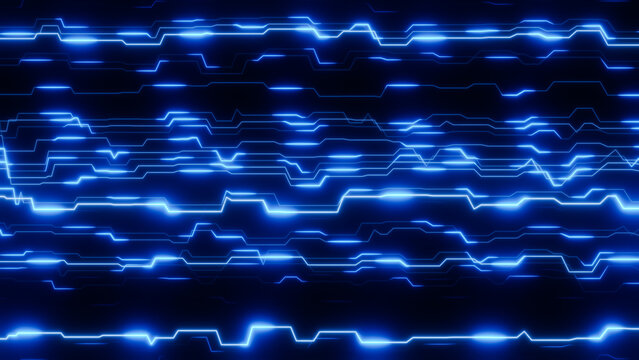 Complex network of glowing blue lines forming an intricate technological pattern on a dark background