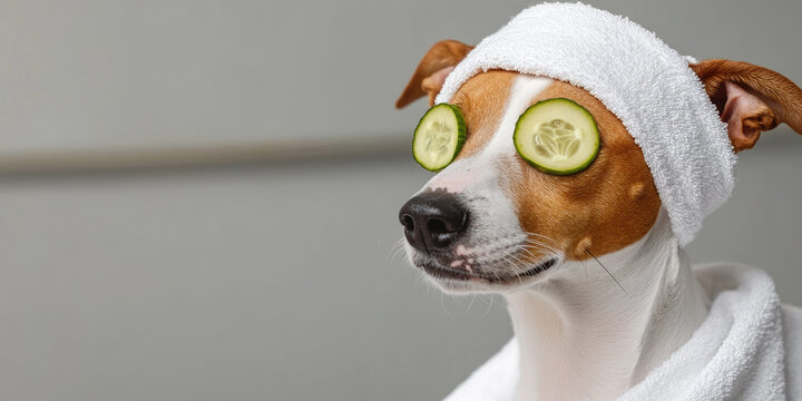 Dog enjoying a relaxing spa treatment with cucumber slices on its eyes, wearing a white towel headband and bathrobe, focusing on pet self care and wellness