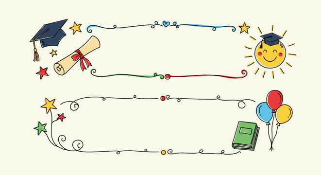 Graduation celebration elements with diploma, sun, and balloons in colorful hand-drawn style, copy space - Powered by Adobe