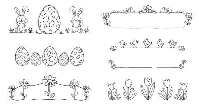 Easter decoration elements with bunnies, eggs, and flowers in hand-drawn style, text separator
